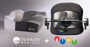 Photo of Ride Designs cushion and Ride Designs back, accompanied by Sunrise Medical and Ride Designs logo.