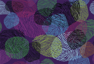 Illustration of colorful fingerprints against dark background.