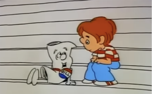Screen capture of animated Bill, a scroll of white paper, sitting on Capitol Hill steps next to a child with short red hair, red-and-white striped shirt, blue pants.