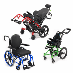 Three Freedon Designs manual tilt in space wheelchairs — one each with blue, green, and red frames — are shown with Matrx seating.