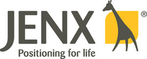 JENX logo has the tagline Positioning for life. To the right of the JENX name is a silhouette of a giraffe illustration in front of a bright yellow rectangle.