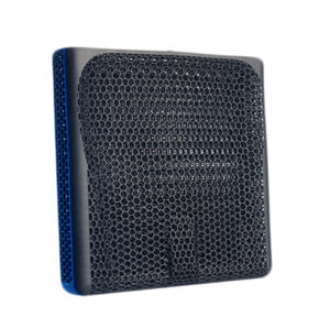 A black, square 3D-printed seat cushion standing on its front edge.