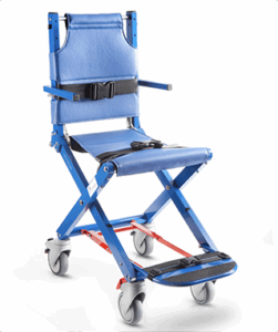 Airchair II transport chair in three-quarters photo with blue frame and upholstery.