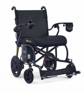 Three-quarters view of the Cricket LT GP309 travel power chair facing right and toward the camera.